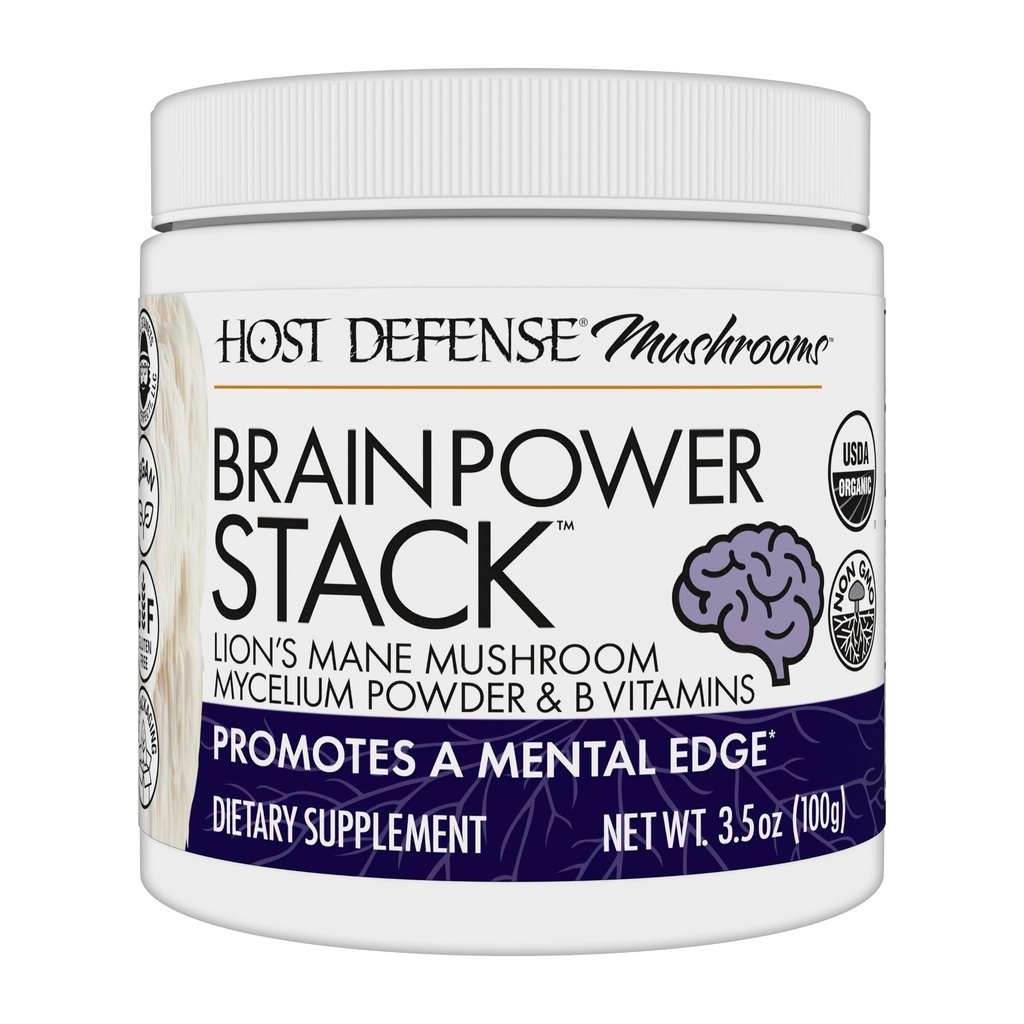 Värdförsvar BrainPower Stack Powder - Riktad Brain Support Supplement - Powder Mushroom Supplement med Lion's Mane, Niacin (B3) & Vitamin B12 - Herbal Brain Support - 100g (66 portioner)