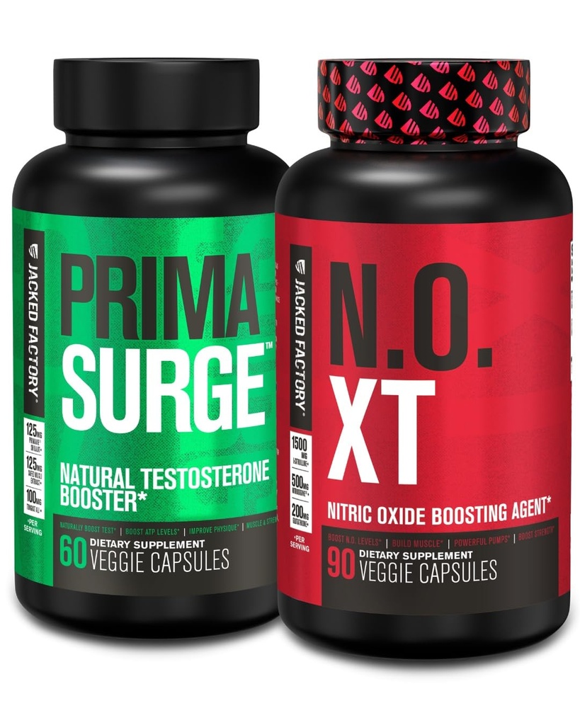Jacked Factory Testosteron Booster for Men PRIMASURGE (60 kapslar) & N.O. XT Nitric Oxide Supplement (90 kapslar) för muskeltillväxt, pumpar och energi