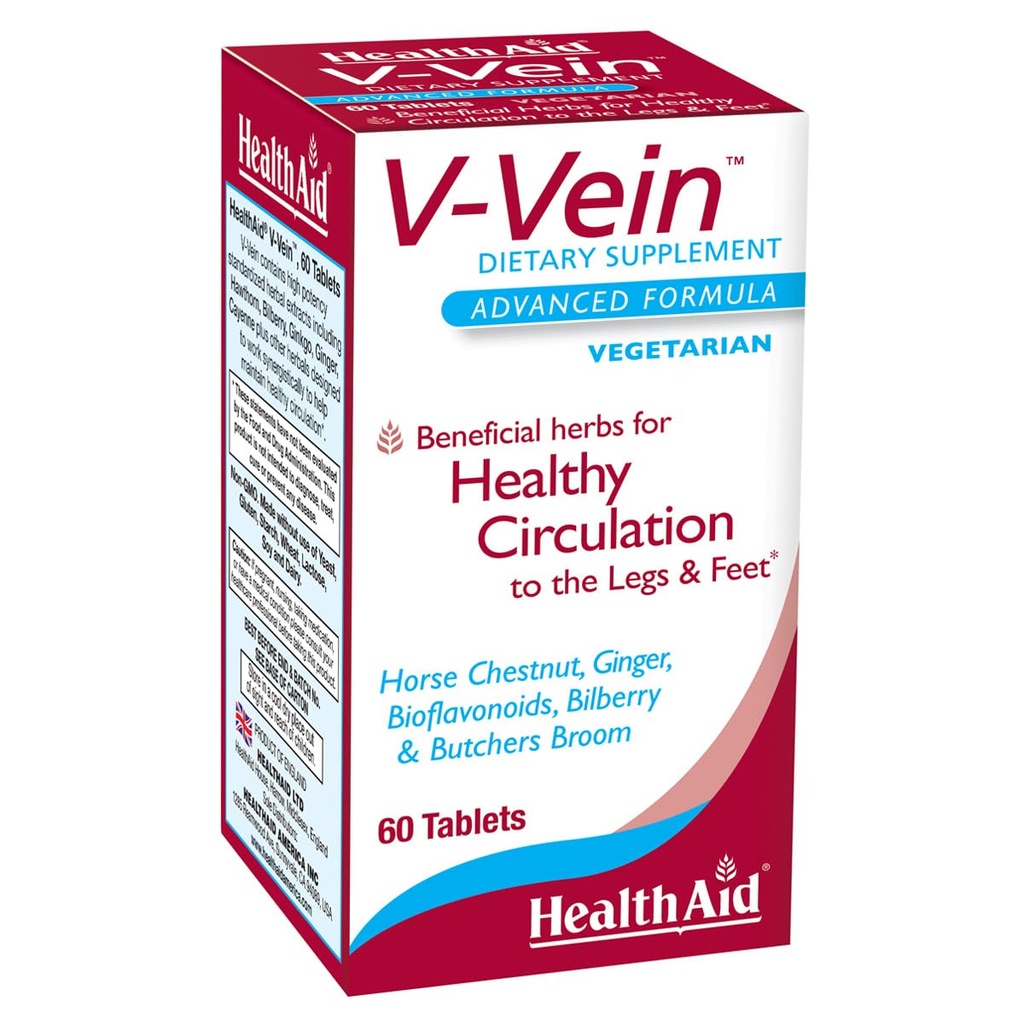 HealthAid V-Vein, fördelaktiga näringsämnen för hälsosam cirkulation för ben och fötter, 60ct, Once Daily, innehåller Ginkgo, Grape Seed, Vitamin C och Bilberry, Vegan