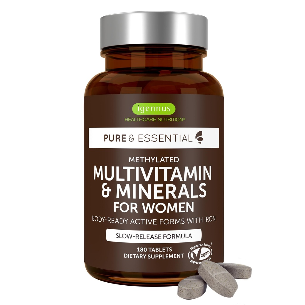Igennus High Potency Methylated Multivitamin för kvinnor, rena och rena ingredienser, MTHFR Supplement med aktiva B-Vitaminer, Vitamin K2 MK7, Gentle Iron, Sustained Released, Non-GMO & Halal, 180 tabletter