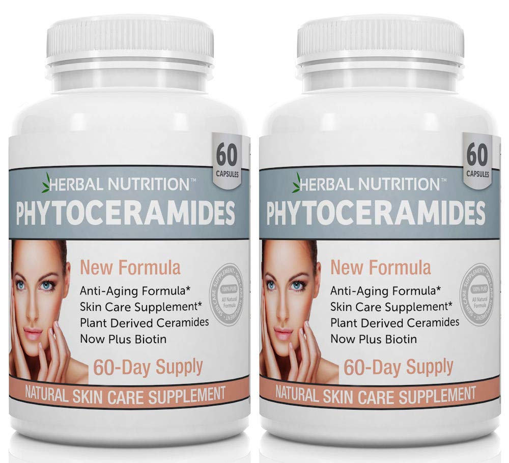 Phytoceramides Rice Baserat med Biotin Anti Aging Supplement, Wrinkle Remover och Facial Moisturizing med Phytoceramides Vitamin A, C, D och E, Two Bottle Pack, 120 kapslar 40mg, Gluten Free