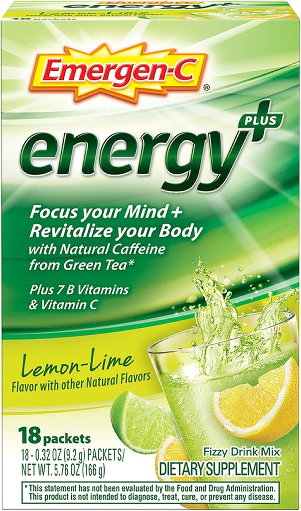 Emergen-C Energy+, med B-vitaminer, vitamin C och naturligt koffein från grönt te (18 greve, Blueberry Acai smak) Dietary Supplement Drink Mix, 0,33 Ounce Powder Packets