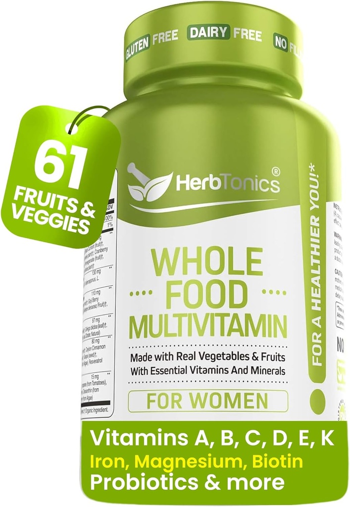 Herbtonics Whole Food Multivitamin för kvinnor | Made with Superfoods, Real Raw Veggies, Fruits, Vitamin E, A, B Complex | Womens Multivitamin | Non-GMO 120 Vegan Capsules