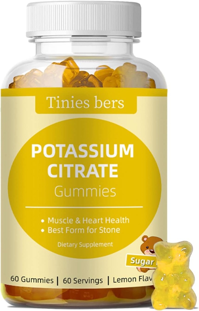 Kalium Gummies för vuxna barn, sockerfri, stöd Leg Cramps & Muscle & Heart Health, Vital Electrolyte, som kaliumcitrat, bästa kalium Gummies för stenar, Vegan, icke-GMO, Lemon Flavor, 60