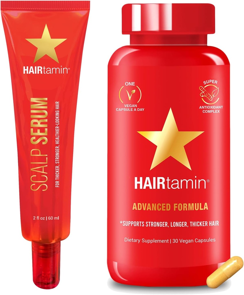 HAIRtamin Advanced Hair & Scalp Serum Pack | All-Natural Vegan Biotin Capsules & Serum Sample för hår, hud och nageltillväxt