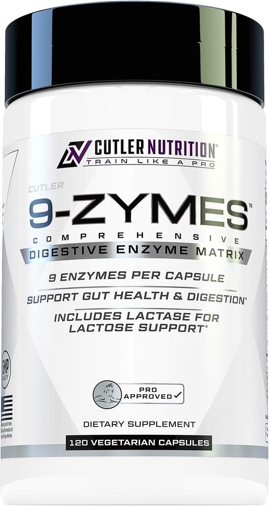 Cutler Nutrition 9-Zymes Digestive Enzyme Supplement: Innehåller Bromelain, Protease, Lipase, Lactase & More för att hjälpa till att minska uppblåsthet, förbättra Absorption och minska gas, 120 portioner / kapslar