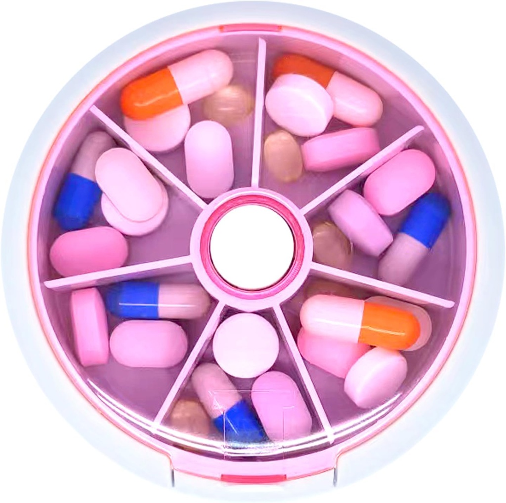 Pill Organizer Travel Pill Case för Purse Portable Pill Box Round Weekiy Pill Container för vitamin Fish Oil Pills Supplements (Pink)