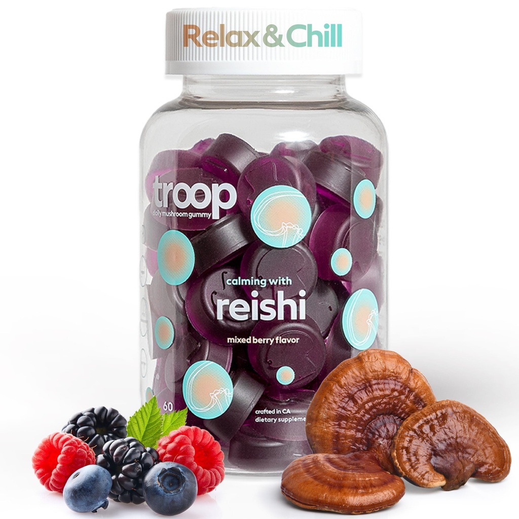 Troop Reishi Mushroom Gummies - Calming Gummies for Adults and Children - Focus Supplement for Stress, Relaxation, Immune Support - 4000mg Triple-Extracted Fruiting Body - Mixed Berry, 60 Count
