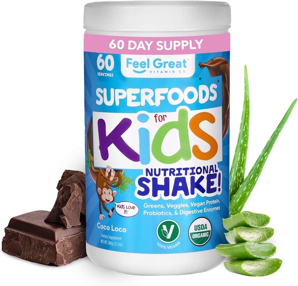 Kids Organic Super Greens Powder med frukt och grönsaker - All-In-One Kids Multivitamin gjord av verkliga växter - Inga syntetiska vitaminer, inga fillers eller binders, No Sugar Added.