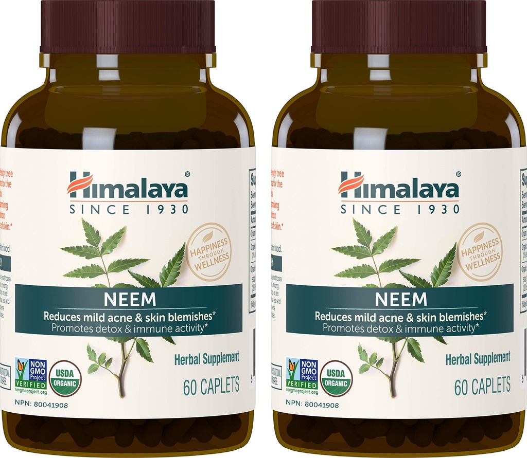 Himalaya Organic Neem Herbal Supplement, för Mild Acne & Clear Skin, Rening, Ayurvedic, USDA Certified Organic, Non-GMO, Vegan, 600 mg, 60 Plant Based Caplets, 2 Pack