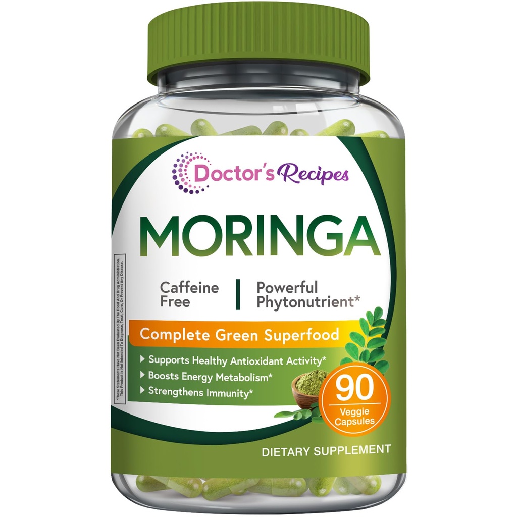 Läkarens recept Moringa 11 000 mg styrka, komplett grön superfood, naturligt antioxidantstöd, icke-GMO, 90 Vegan Caps, No Caffeine Soy Gluten