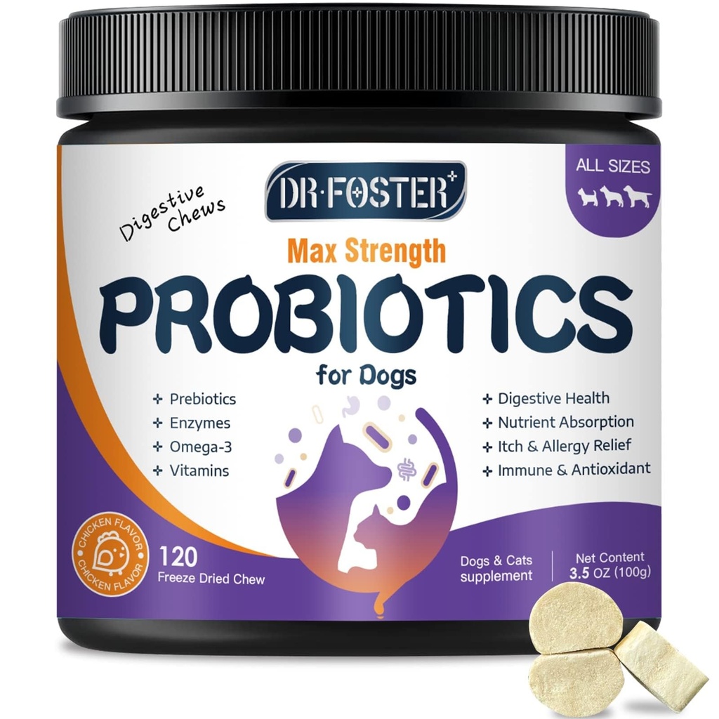 Probiotika för hundar, Freeze-Dried Dog Probiotics och Digestive Enzymes, Plus Omega-3 för Itchy Skin, 3-i-1 Prebiotics for Digestive Health, Dog Vitamins och Supplements for Immune Health, 120 Bites
