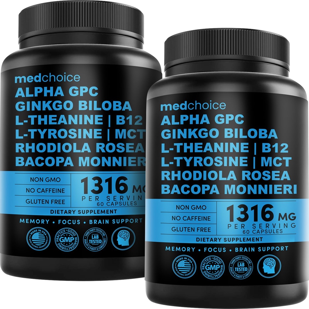 12-i-1 Nootropic Brain Supplement Anhydrous: Ginkgo Biloba för hjärnstöd, minne och fokus - B12, Alpha GPC, L Theanine och Choline Supplements med Bioperine Non Caffeinated 1321mg (120ct)