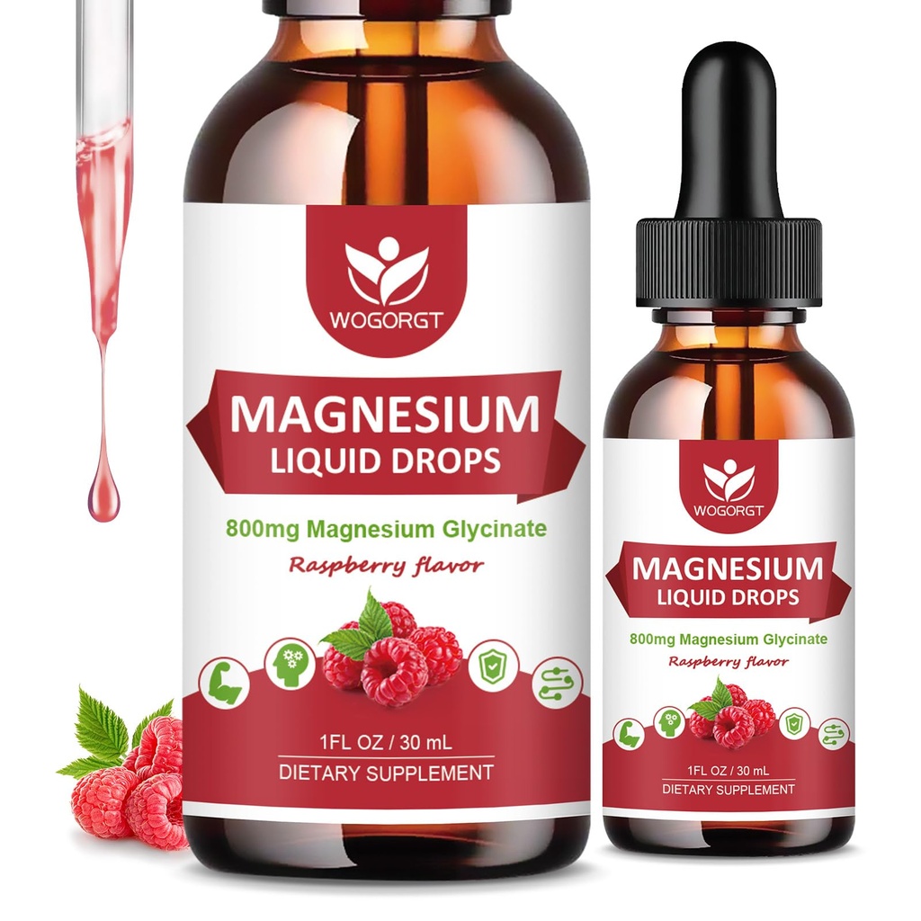(2 Pack) Magnesium Glycinate Liquid Drops med Citrate & Taurate - Hög Absorption 1000mg Liquid Magnesium Komplex med D3, GABA, L-Theanin för kognition, Muscle & Focus, Raspberry Flavor - 30mL