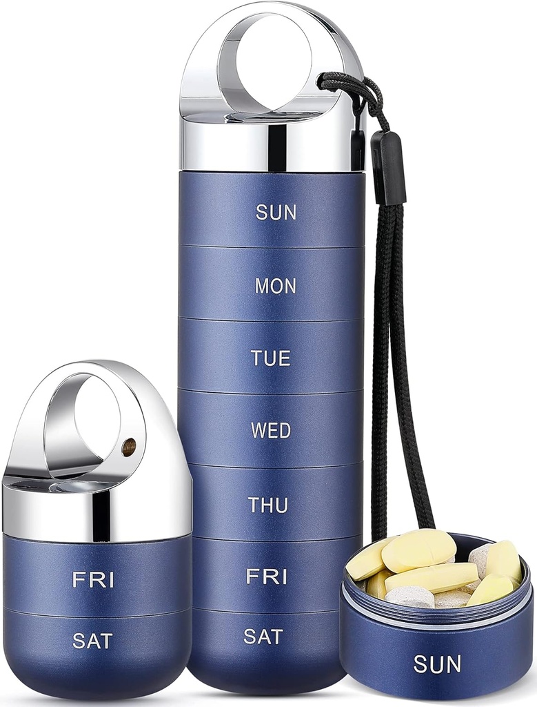Zannaki Metal Travel Pill Organizer, Portable Waterproof Weekly Pill Box, Large Aluminum Alloy Pill Case Container, BPA Free 7 Day Daily Medicine Organizer Holder för vitamin, fiskolja, tillägg