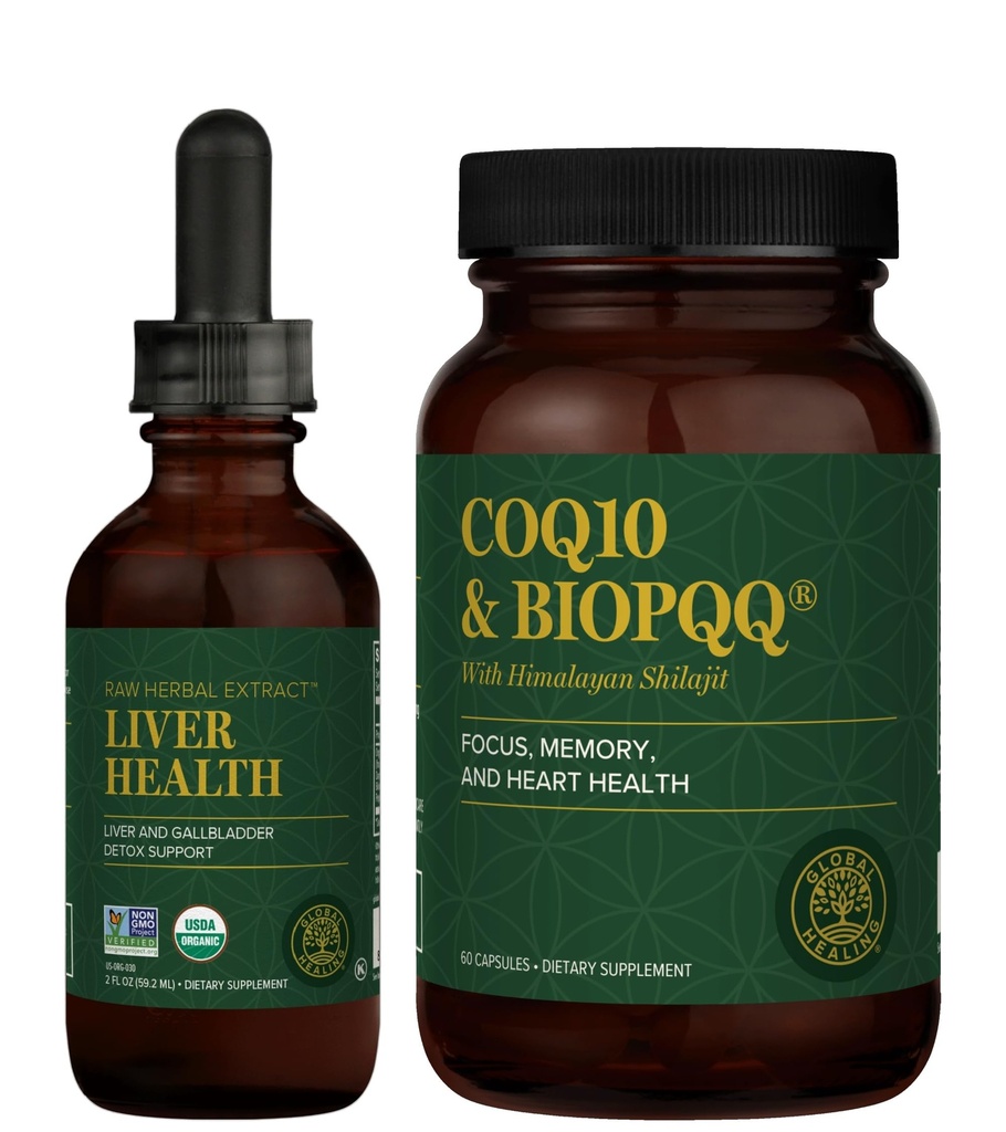 Global Healing Center - Liver Health & CoQ10 & BioPQQ med Shilajit Kit - flytande droppar för hälsosamt blodflöde, vencirkulation och avancerad hjärta, hjärnstöd för koncentration och fokus