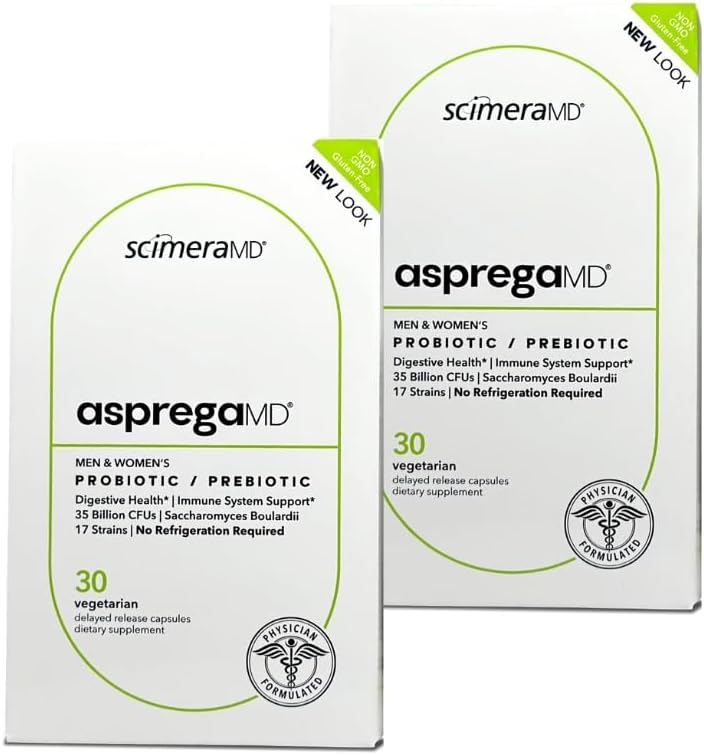 Asprega 30CT - Probiotic + Prebiotic Supplement | 17 Stammar, 35 miljarder CFUs | Fördröjd frisättning | Saccharomyces Boulardii | för Män & Kvinnor | av ScimeraMD, 2-Pack