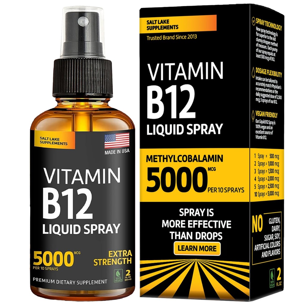 Vitamin B12 Sublingual Spray 5000 mcg – Vegan Methylcobalamin Liquid B12 Boost Energy, Mood & Brain Health - Gluten-Free, Non-GMO B12 Spray for Men & Women - Easy Dosage (5000 mcg in 10 Sprays)