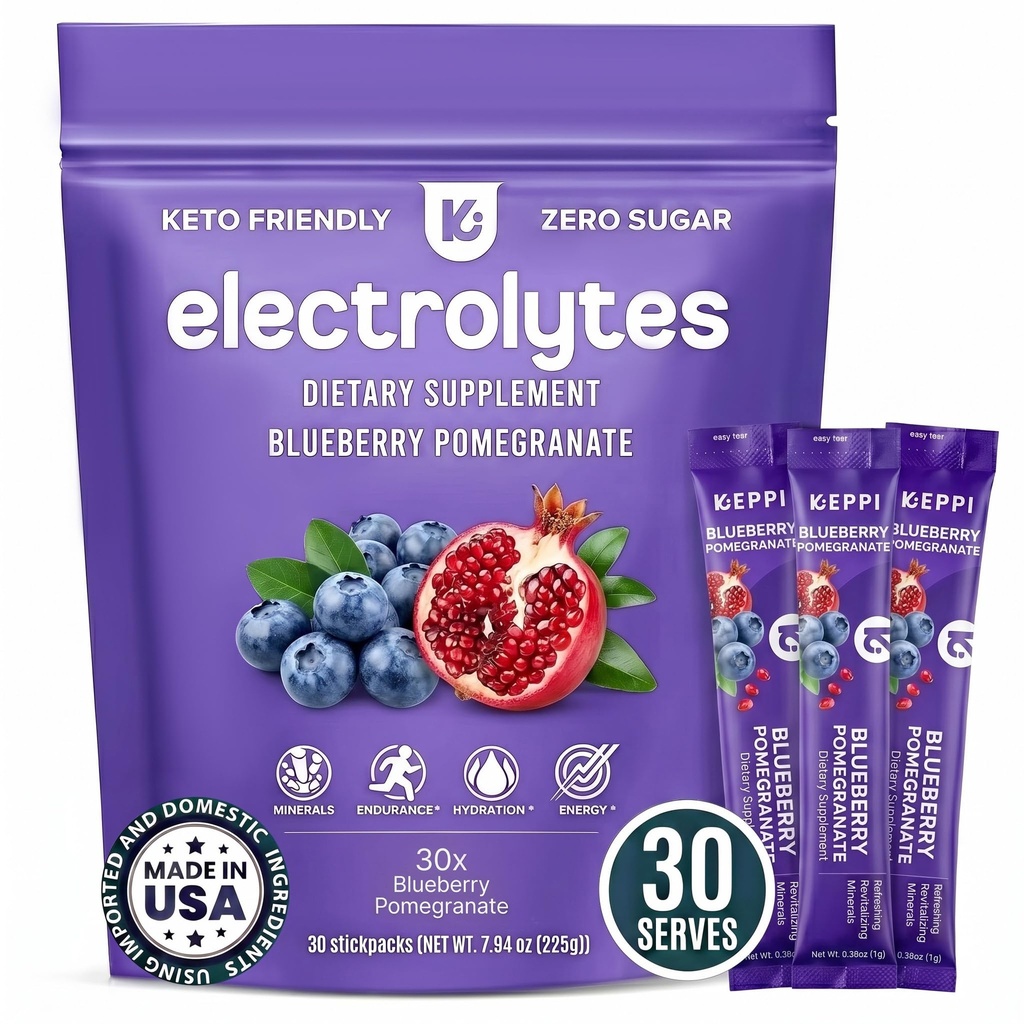 Keppi Electrolytes Powder Packets - Blueberry Pomegranate 30 Servings - No Sugar Hydration Supplement med kalium, Magnesium, Natrium - Keto, Vegan, Fasting-Friendly, Zero Calorie Hydration Packets