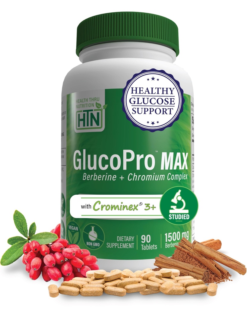 Health Thru Nutrition GlucoPro Max - med 1 500mg Berberine, Chrominex + Chromium och 1 000mg Cinnamon | Vegan, Non-GMO, Gluten Free | Pack på 90