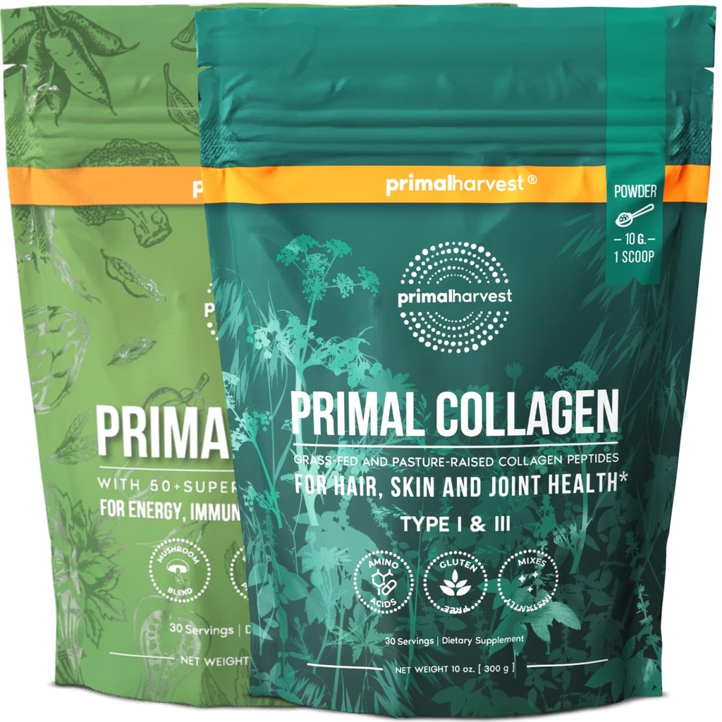 Primal Harvest Super Greens & Collagen Powder Supplements for Women and Men Superfood Greens Powder and Collagen Peptides Powder for Hair, Skin, and Nails Bundle
