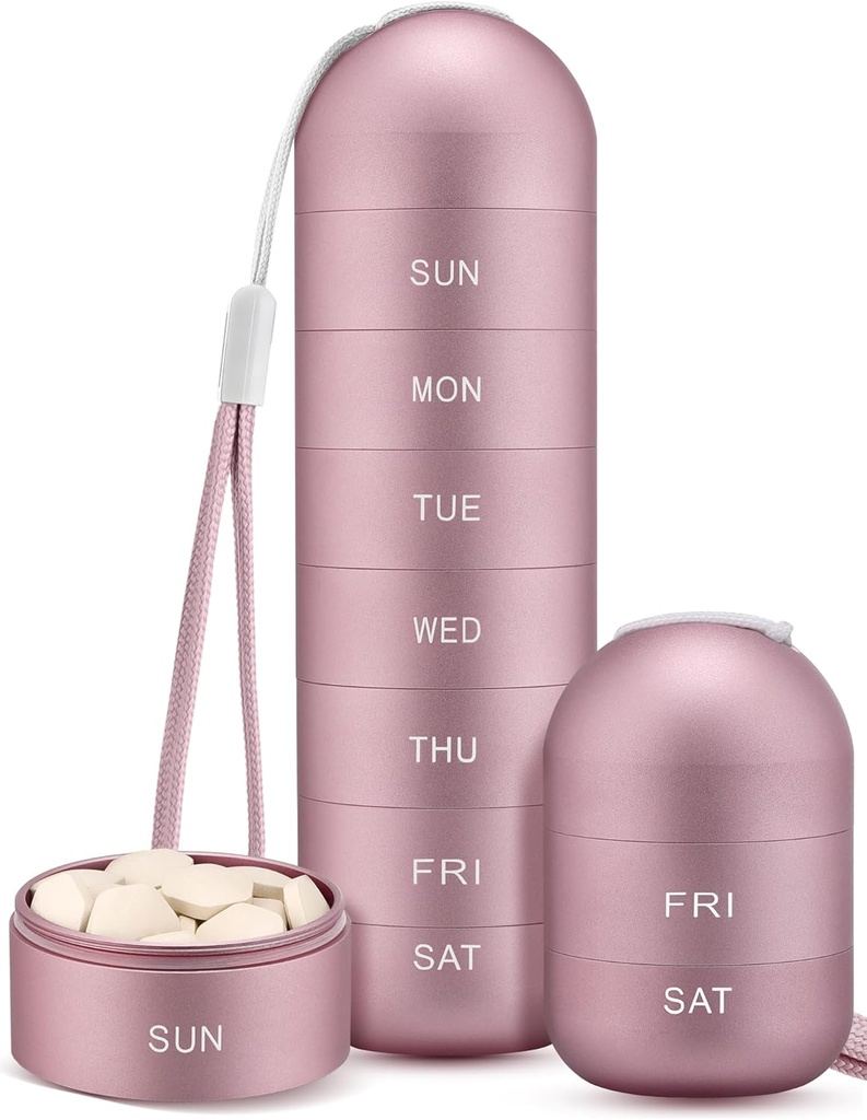 Zannaki Metal Moisture Proof Weekly Pill Organizer, Stackable Aluminum Alloy BPA Free Travel Hiking 7 Day Pill Box Case Waterproof och Large Compartment to Hold Pills, Vitamins, Fish Oil, Supplements