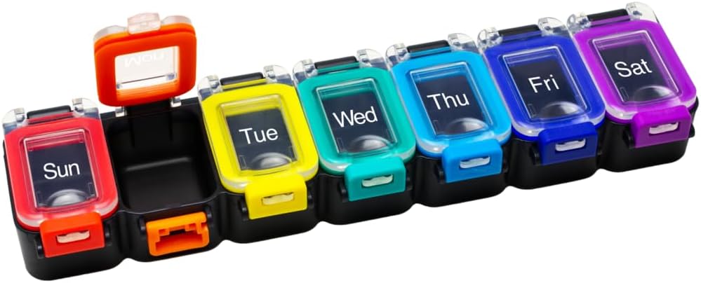 EZY DOSE Weekly (7-Day) Daily Pill Planner, Medicine Case, Vitamin Organizer Container, Waterproof Locking Compartments to Secure Prescription Medication och Prevent Accidental Spilling, Rainbow