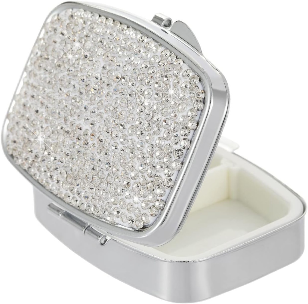 Pocket Pharmacy Bling 2 Compartment Medicine Organizer Small Cute Pill Container Travel Pill Box Case för Purse Square Vitamin Holder för Pocket (Silver)