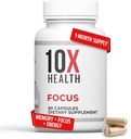 10X Health Focus Rhodiola Rosea - Brain Supplements for Memory and Focus - 60 Capsules Focus Supplement, Memory Supplement for Brain Health med Ginkgo Biloba, Huperzine A - Ginkgo Biloba Capsules