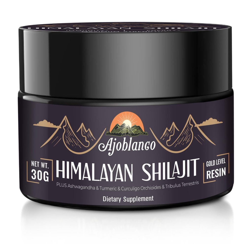 Ajoblanco 600mg naturlig Himalayan Organic Shilajit Resin - Himalayan Gold Shilajit harts med organisk ayurvedisk blandning i hög styrka för energi, styrka och immunitet, paket med 1
