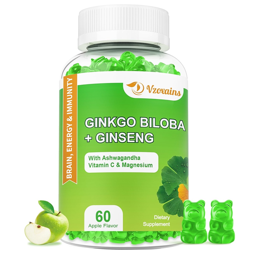 240MG Ginkgo Biloba Gummies med Ginseng och Magnesium, Ginko Biloba kosttillskott Gummies för hjärnfokus, humör och minne för vuxna, 60 Cts