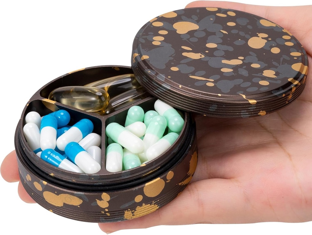 3 Compartment Metal Pill Organizer - Portable Travel Case för Pocket Purse, Daily Medicine Container, Vitamin och Fish Oil Holder, Supplement Box