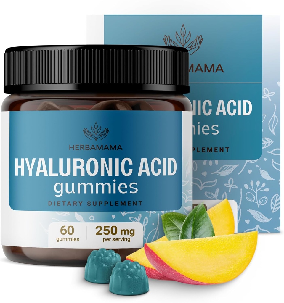HERBAMAMA Hyaluronsyra Gummies - 250mg Ren Hyaluronsyra för hår, hud och naglar Support - Vegan, icke-GMO Skin Elasticity Supplement - 60 Pectin-Based Mango-Flavored Chews