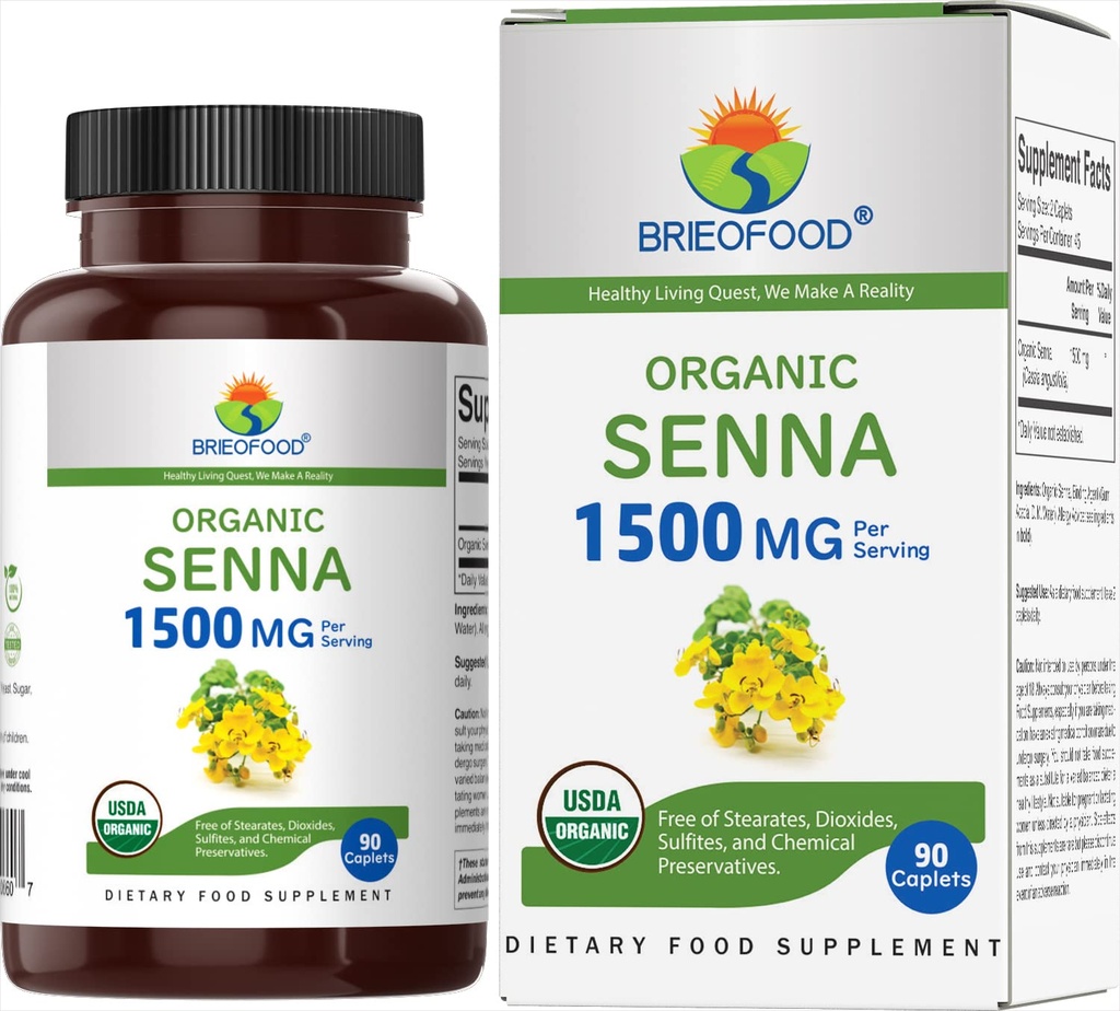 Brieofood Organic Senna 1500mg, 45 portioner, vegetariska, glutenfria, 90 vegetariska tabletter