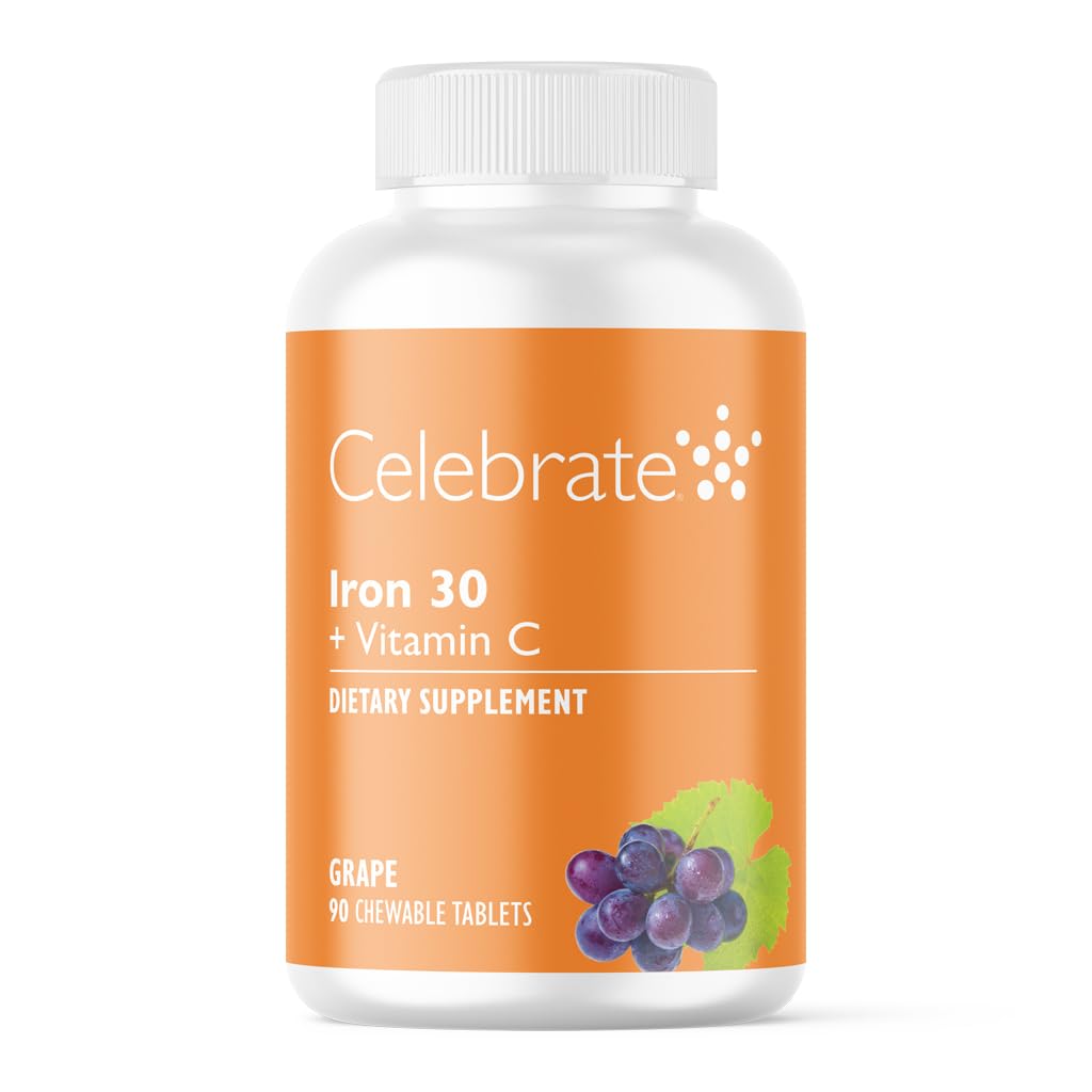 Celebrate Vitamins Iron Supplement med vitamin C - 30mg Iron, 60mg Vitamin C, Bariatric Vitamins för WLS-patienter, Vertikal Sleeve & Gastric Bypass Surgery - Grape, 90 Chewable Tablets
