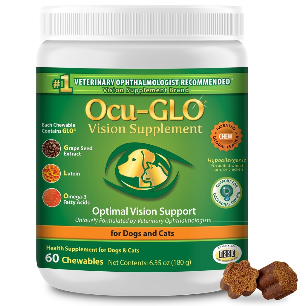 Ocu-GLO Cat & Dog Senior Supplement for Eye Support - Chewable Vitamins Supplements for Large and Small Pets Care with Lutein, Omega-3 Fatty Acids, Grape Seed Extract & Antioxidants