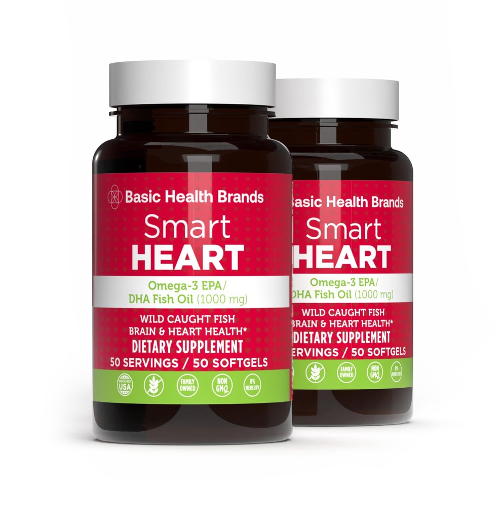Grundläggande varumärken Smart Heart Omega-3 Fish Oil 1000mg - Triple Strength EPA & DHA, Non-GMO, Heart & Cognitive Support - 50 Burpless Softgels - 2-Pack