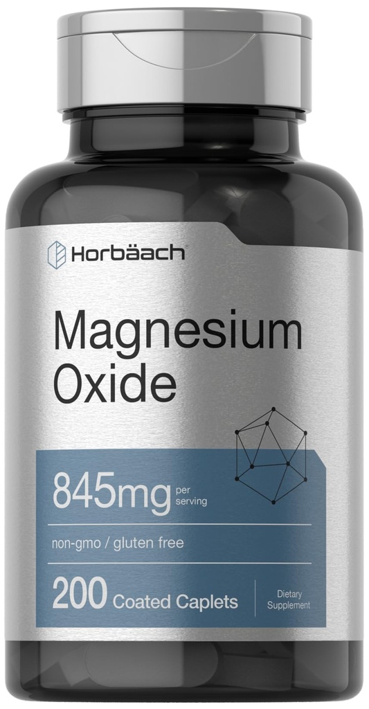 Horbäach Magnesium Oxide | 845 mg | 200 Coated Caplets | Vegetarian, icke-GMO och Gluten fri tillägg