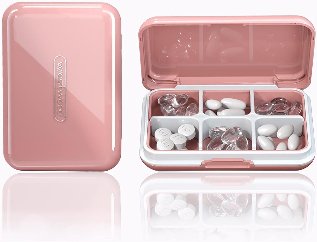 Travel Pill Organizer Moisture Waterproof Small Pill Box för Pocket Purse 6 Compartments Portable Pill Case Medicine Vitamin Holder Container, Pink