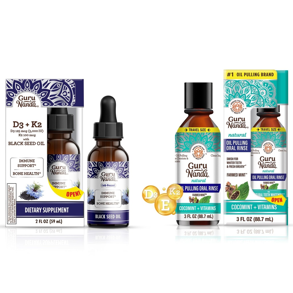 GuruNanda Black Seed Oil 5000 IE Vitamin D3, K2 & E + Coconut Oil Pulling med Essential Oils Vitamin D3, E, K2 för immunstöd, Oral Hygiene
