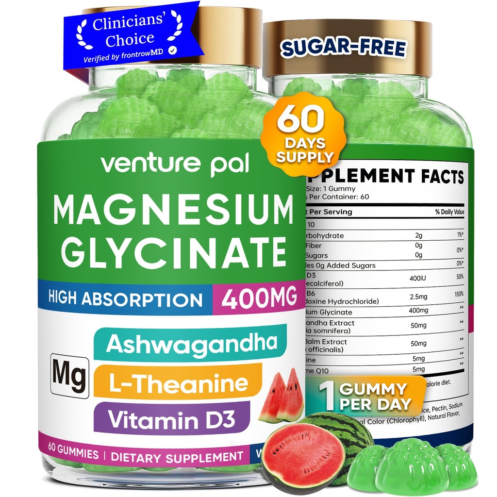 60 Day Supply Magnesium Glycinate 400mg Gummies med Ashwagandha, L-Theanine, CoQ10, Vitamin D3 & B6, Sugar Free Magnesium Gummies för vuxna och barn, Stress Relief, Sleep & Calm, Vegan, Gluten Free