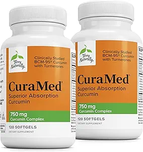 Terry Naturligt CuraMed 750 mg - Antioxidant Supplement för hjärn- och hjärthälsa - Tillägg med hög styrka Curcumin Complex - Njure, Lever & Immunhälsa Support - 120 Softgels (Pack of 2)