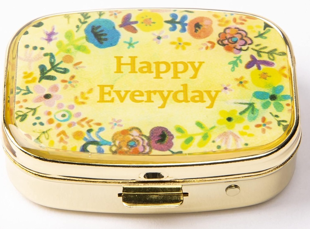 AmyZone Metal Pill Organizer Travel Friendly Portable Compact Pill Box Cute Pill Case för att hålla vitaminer / Tylenol / fiskolja / tillägg / Meds / tablett för handväska / ficka (Happy Everyday)