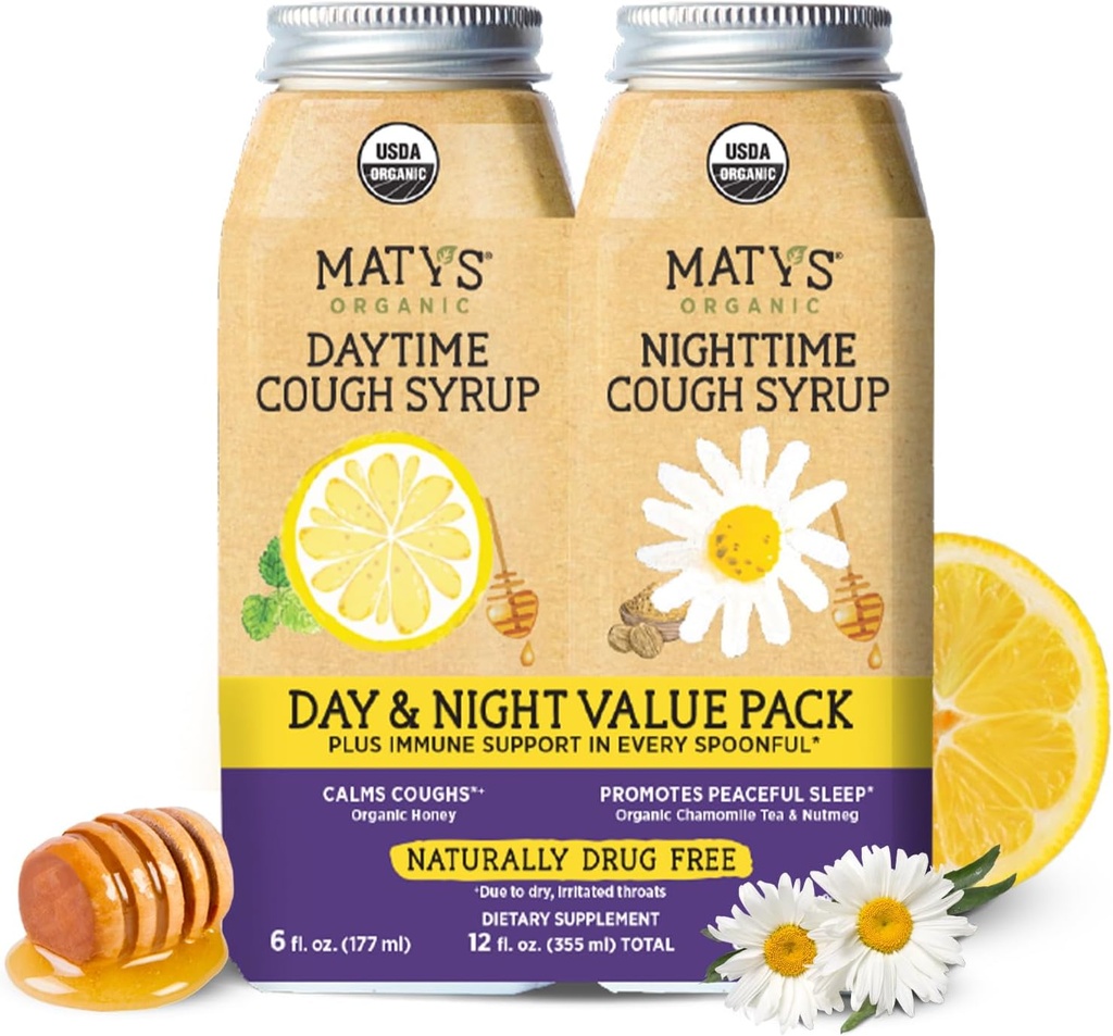 Matys Organic Adult Cough Syrup Day & Night Value Pack för vuxna och barn 12 år + upp, lugnande dagtid och natt hosta lindring w / organisk honung & Zink, alkohol & drogfri, 2 Pack, 6 Fl Oz