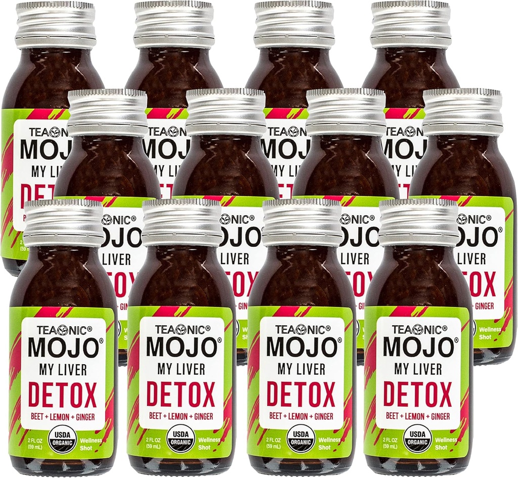 TEAONIC My Liver Mojo: Detox, Wellness Mojo Shots with Black Pepper, Beet, and Lemon Juice, USDA-Certified, Caffeine Free, Gluten-Free, 2 Fl. Oz Each, Pack of 12