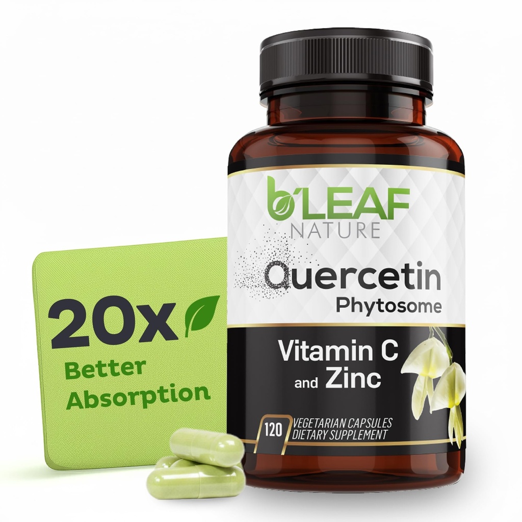 B'LEAF NATURE Quercetin Phytosome, 120 kapslar - 1000mg High Absorption Quercetin med vitamin C och Zink - Non-GMO Vegetarian Quercetin Supplement för immun, energi, hjärna och säsongsstöd