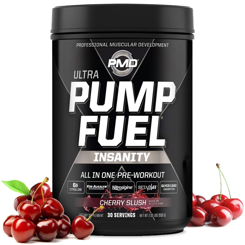 PMD Sport Pump Fuel Ultra Insanity - Premium Pre Workout Powder & Muscle Pump, större fokus, uthållighet och återhämtning, Premium Creatine, Arginine & Beta Alanine - Cherry Slush (30 portioner)