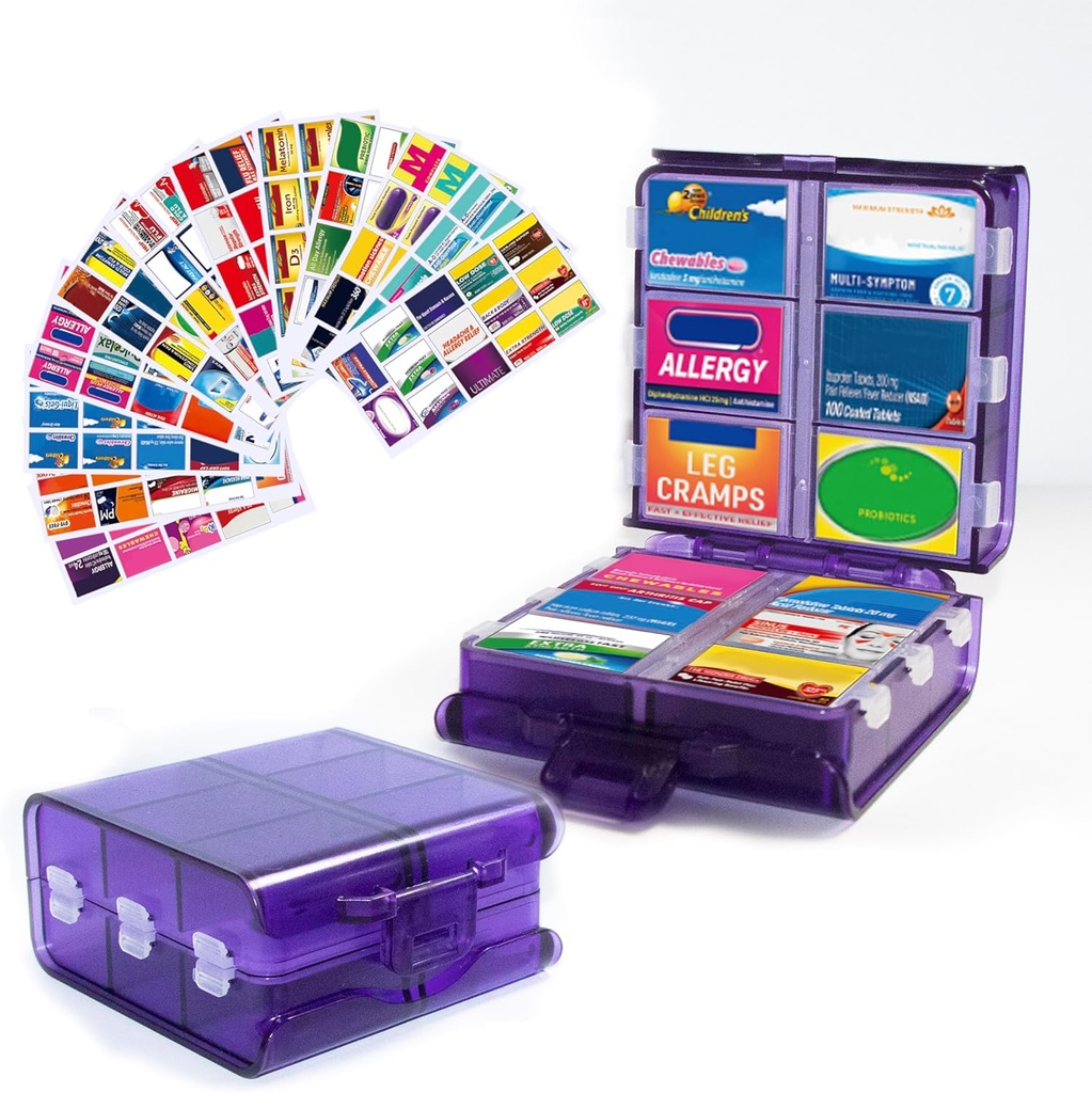 Stor Pill Organizer med Medicine Labels, Pill Dispenser 12-Compartment Travel Medication Storage Case, 7-dagars Pill Box för vitaminer och tillägg (Purple, 161 Labels)