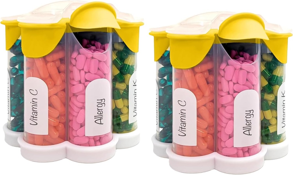 Extra Large Pill Organizer Daily, Weekly, Monthly Supplement Bottle, Cute Blossom Pill Dispenser med 7 XL Compartments (2 Pack Combo) (Yellow 2 Pack)