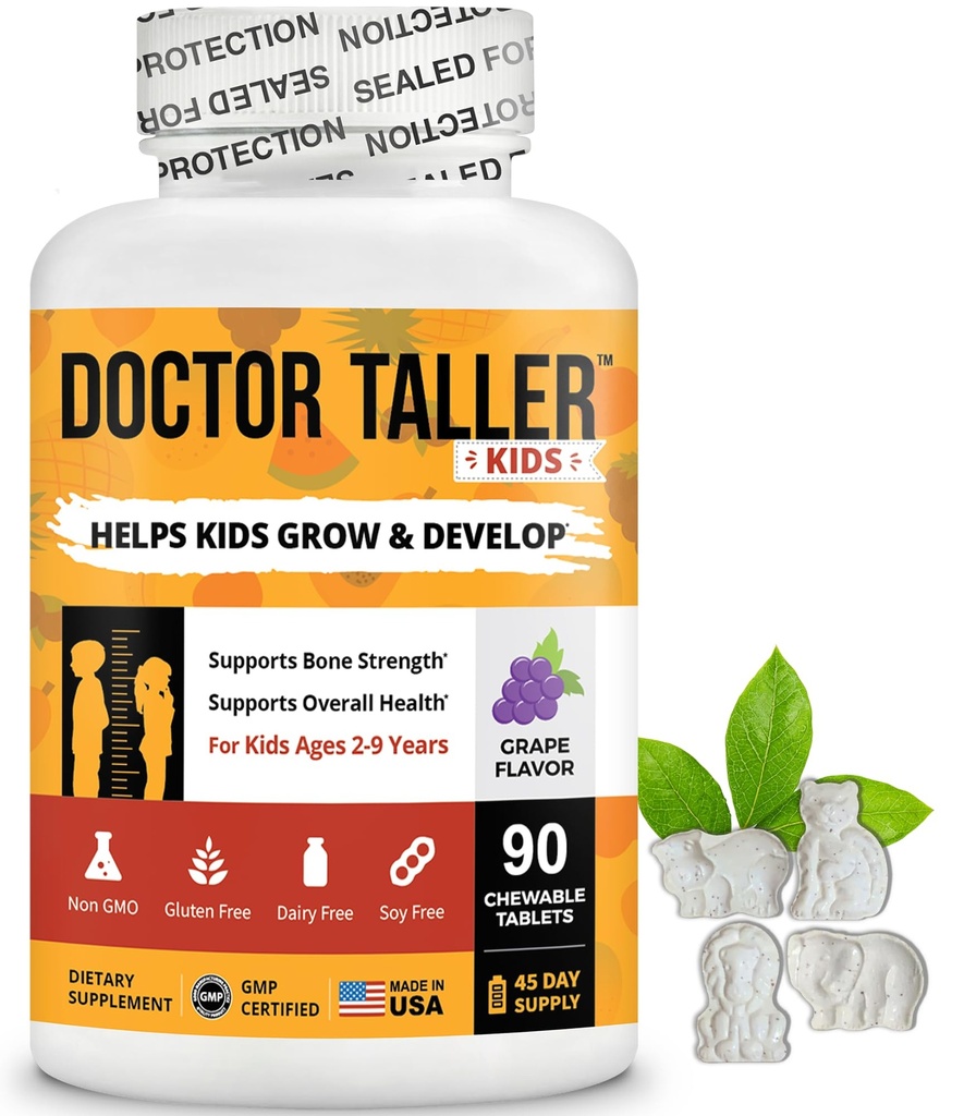 Doktor Taller Kids - Barn Multivitaminer, Toddler Vitaminer - Stöd Benstyrka, Förbättrad immunitet med Calcium, Multivitaminer för Ålder 2 till 9 - Grape Flavor - 90 Tabletter | 6 veckor Supply